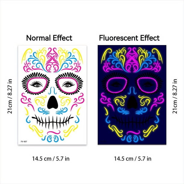 Funny Halloween Death Fluorescent Tattoo Sticker Face Sticker Undead Ghost Day Scar Tattoo Sticker, Temporary Tattoo Sticker The Day Of Dead Halloween Makeup
