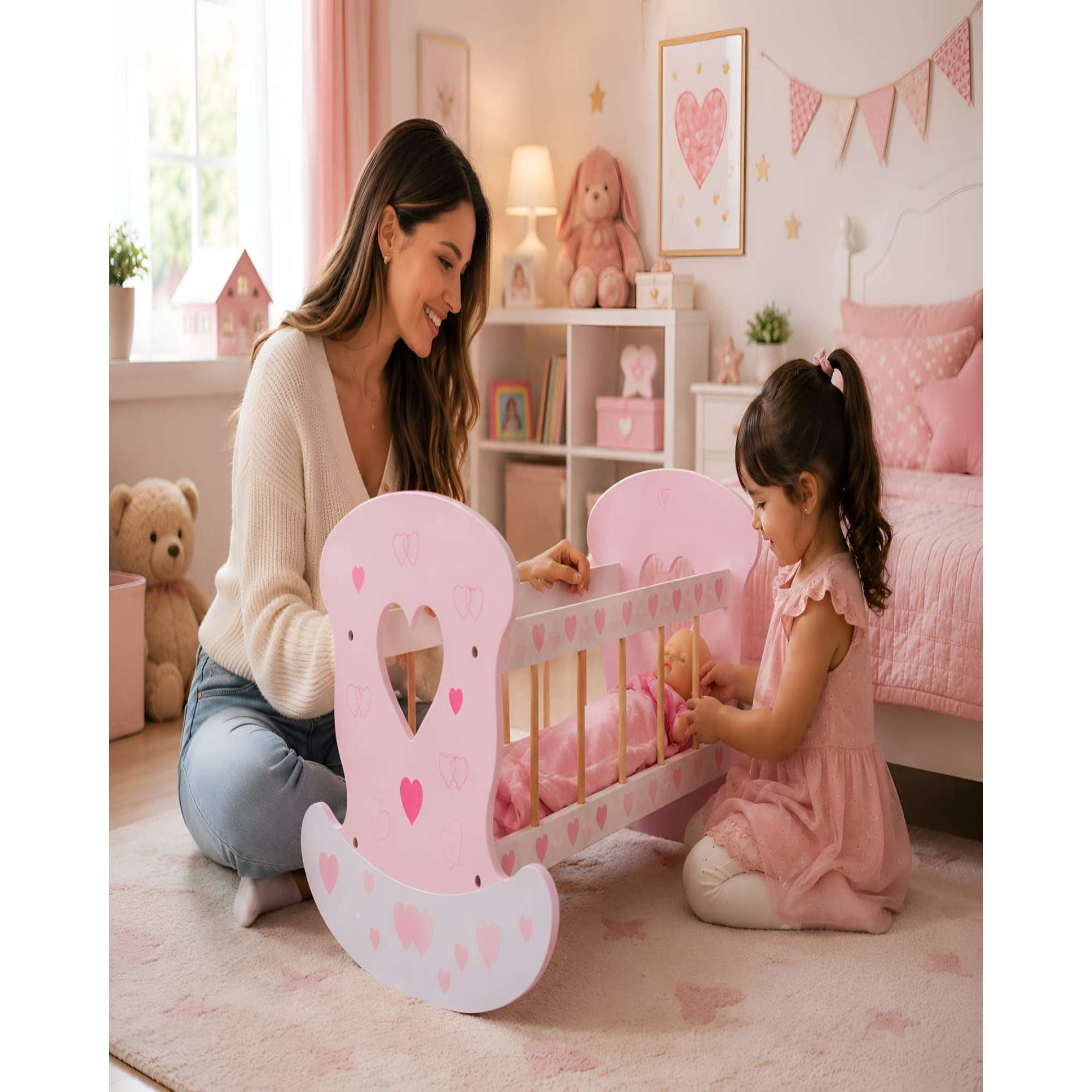Myl Todo Hogar - Cuna Mecedora De Madera Para Muñecas - Diseño Corazones Rosa