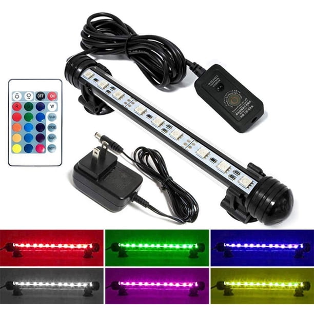 Luz LED para acuario, control remoto inalámbrico, cambio de color RGB, brillo ajustable, sumergible.