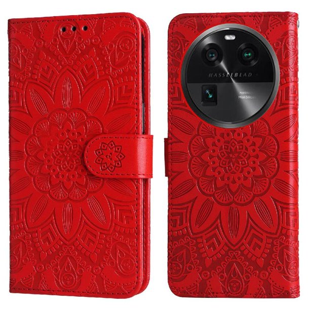 Funda tipo cartera FOXDOCK para OPPO Find X6 , diseño girasol en relieve, cuero PU, cierre magnético, soporte y tarjetero