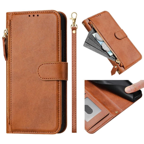 Funda Billetera Cremallera para Motorola MOTO G75 con Porta Tarjetas, Soporte y Correa Marrón
