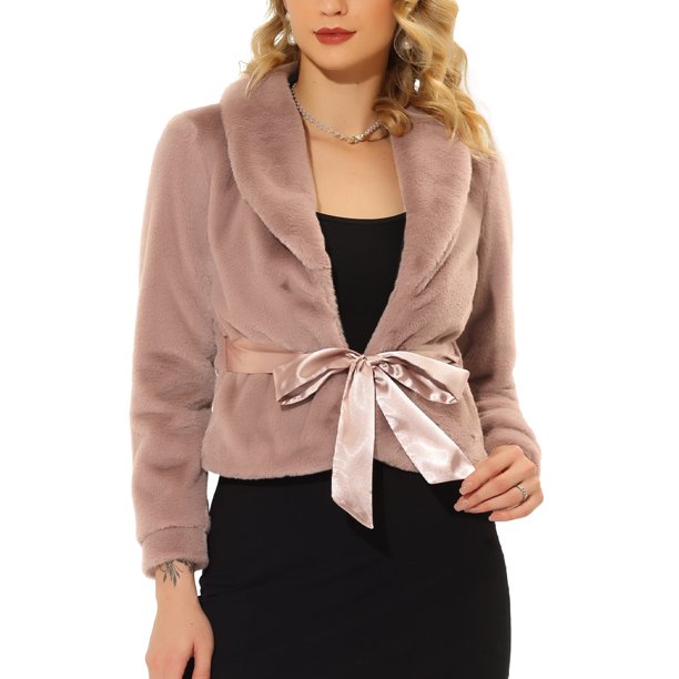 INSPIRE CHIC Abrigo de Piel para Mujer Moda Invierno Chaqueta Abierta Recortada Solapa Manga Larga Abrigo de Piel Sintética Esponjoso S Rosa Empolvado
