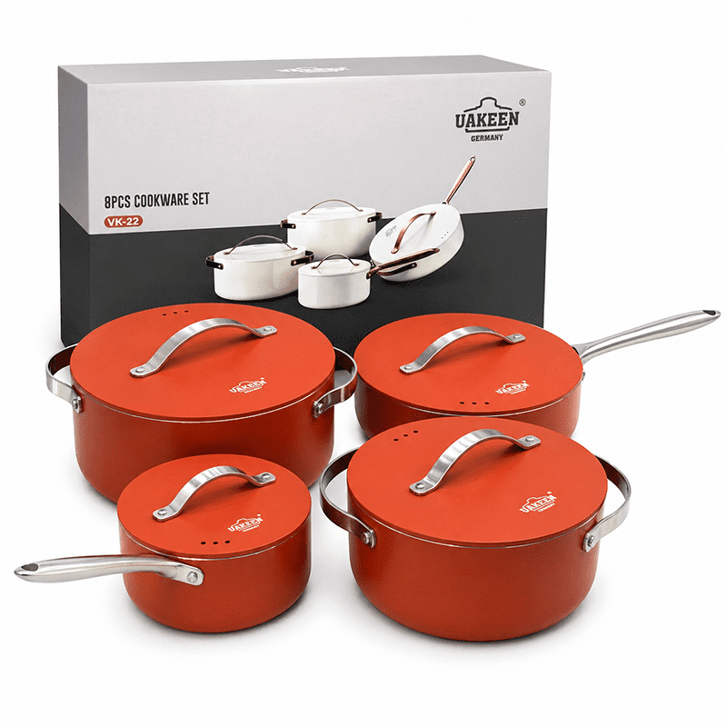 Wakeshome - Juego De Ollas Anti Adherente Bateria De Cocina 8 Piezas Roja