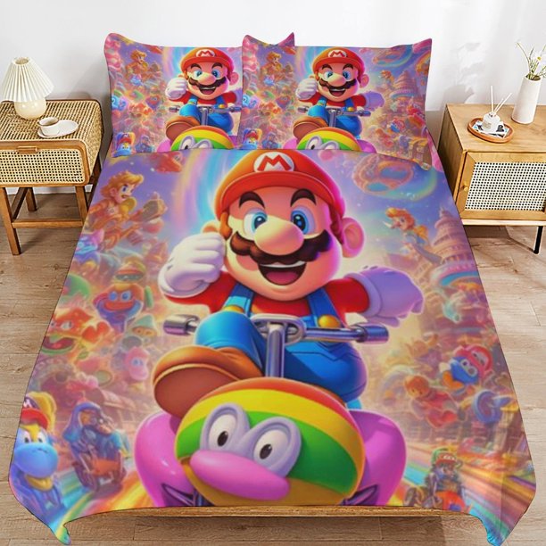 Super Mario 3-Piece Comforter Set for Bedroom Super Mario Bedding Set for Kids Adults Soft Microfiber Duvet Cover Set with Zipper Closure