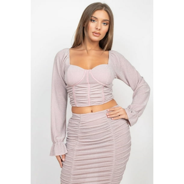 Conjunto De Falda Y Espalda Fruncida Con Mangas Largas Brillantes