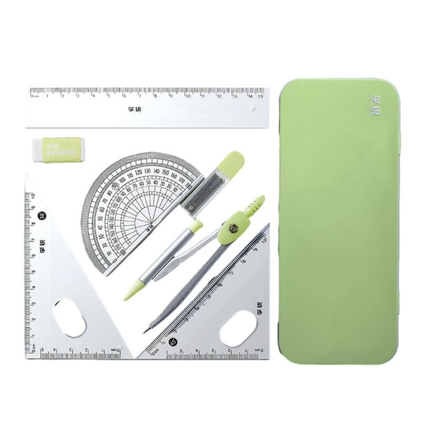 Kits de geometría matemática Juego de dibujo Borrador reutilizable Regla triangular de 45 degree 60 degree Regla de 6 "Brújula portátil para niños Escuela Hogar Caja Cerrada Verde