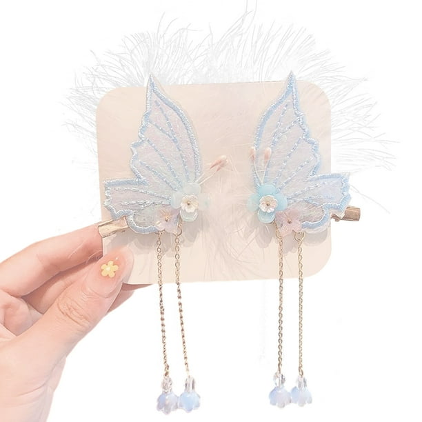 2 pares de pinzas para el pelo con borlas de mariposa, pasadores de tela con clip lateral, pinzas para el pelo de mariposa para niña, accesorio para tocado, accesorios de boda para mujeres, niñas y ad