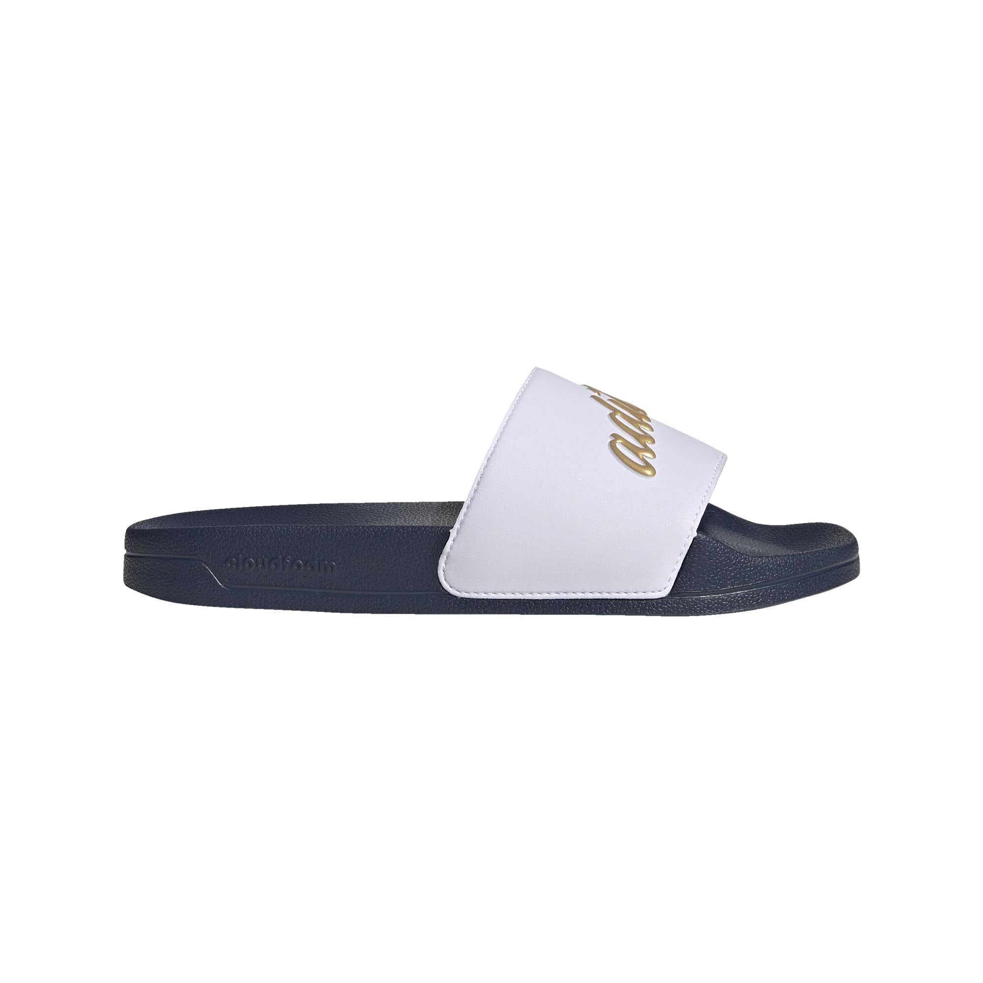 Zapatillas Adidas Adilette Para Mujer, Color Blanco/dorado Metalizado Y Azul Oscuro