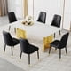 thumbnail image 1 of Table and chair set.The table has a glass top with imitation marble pattern stickers and stainless steel golden legs. Paried with 6 chairs with PU artificial leather backrest cushions.W1151S01564, 1 of 3