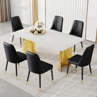 M&Ms - Table And Chair Set.The Table Has A Glass Top With Imitation Marble Pattern Stickers And Stainless Steel Golden Legs. Paried With 6 Chairs With Pu Artificial Leather Backrest Cushions.W1151S01564