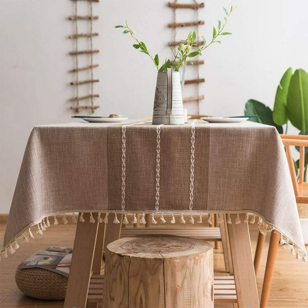 Mantel Con Borlas Bordadas - Mantel De Lino Y Algodón A Prueba De Polvo Para Cocina, Comedor, Fiesta, Hogar, Decoración De Mesa, Rectangular, Cuadrado, Bordado A Cuadros, Con Borlas