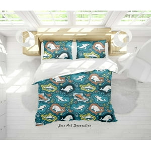 Milsleep - 3D Dibujos Animados Ballena Patrón Funda Nórdica Ropa De Cama Set Funda Nórdica Fundas De Almohada Wj