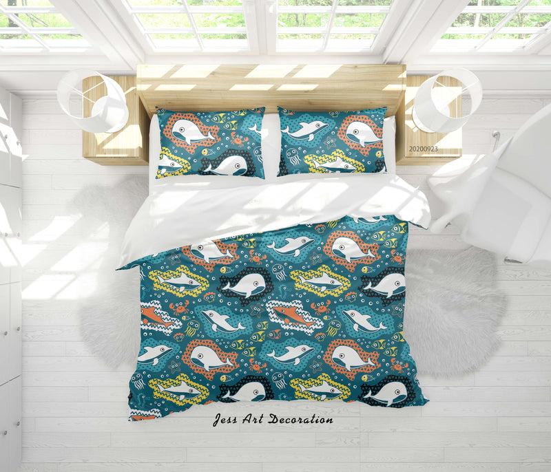 Milsleep - 3D Dibujos Animados Ballena Patrón Funda Nórdica Ropa De Cama Set Funda Nórdica Fundas De Almohada Wj