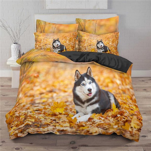 Husky Dog Leaves Animal Print Quilt Duvet Cover Set Bed Linen Pillowcase3-Piece Bedding Set