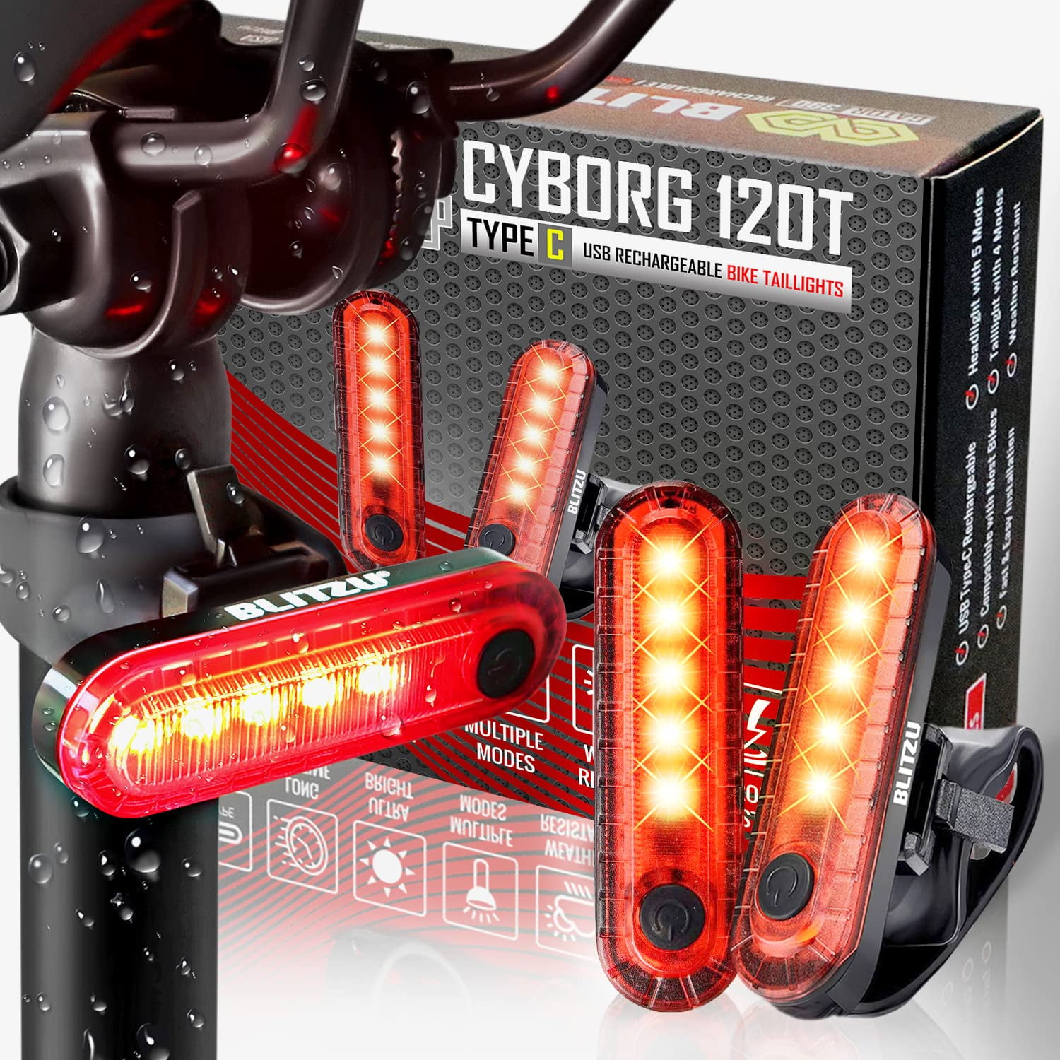 Luz Trasera Para Bicicleta Blitzu 2024 Cyborg 120t Usb-c Recargable