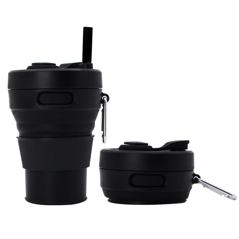 Xusx111 - Copa De Viaje Plegable - Black450ml, Botella De Silicona Reutilizable A Prueba De Fugas Para Bebidas Calientes Y Frías - Camping Y Senderismo - Lavavajillas Seguras - Paja Incluida