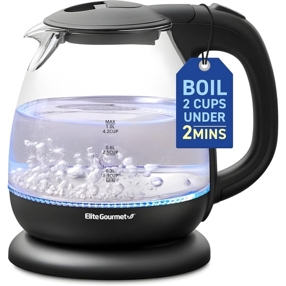 Elite Gourmet EKT1001 Hervidor de vidrio de 1 L, 1100 W, inalámbrico