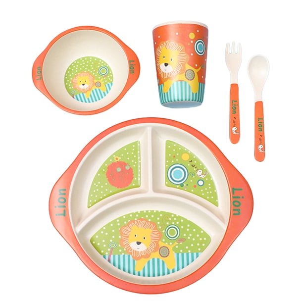 Un juego de vajilla infantil de fibra de bambú ecológica con plato dividido de dibujos animados para bebés