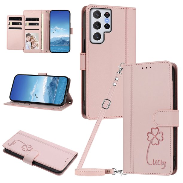 Funda Cartera Trébol para Samsung Galaxy S22 Ultra con Ranuras Tarjetas y Carga Inalámbrica Rosa
