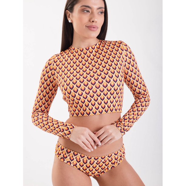 Polera Surf Daikiri Mujer Manga Larga Espalda Abierta Geométrico Naranjo Azul Protección UV50+