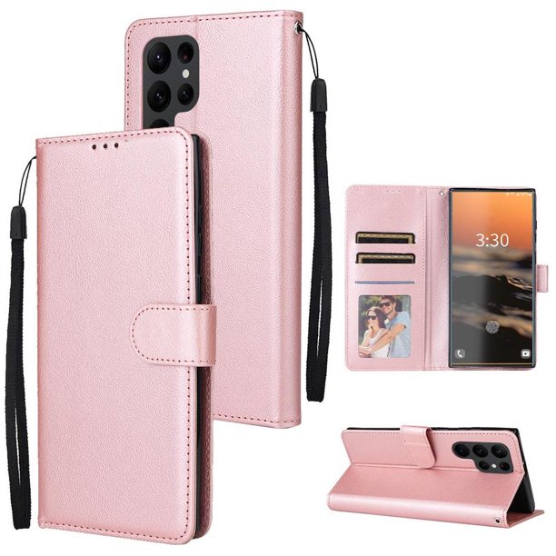 Funda Cartera para Samsung Galaxy S23 Ultra con Tarjetero, Soporte y Cordón - Protección Oro rosa