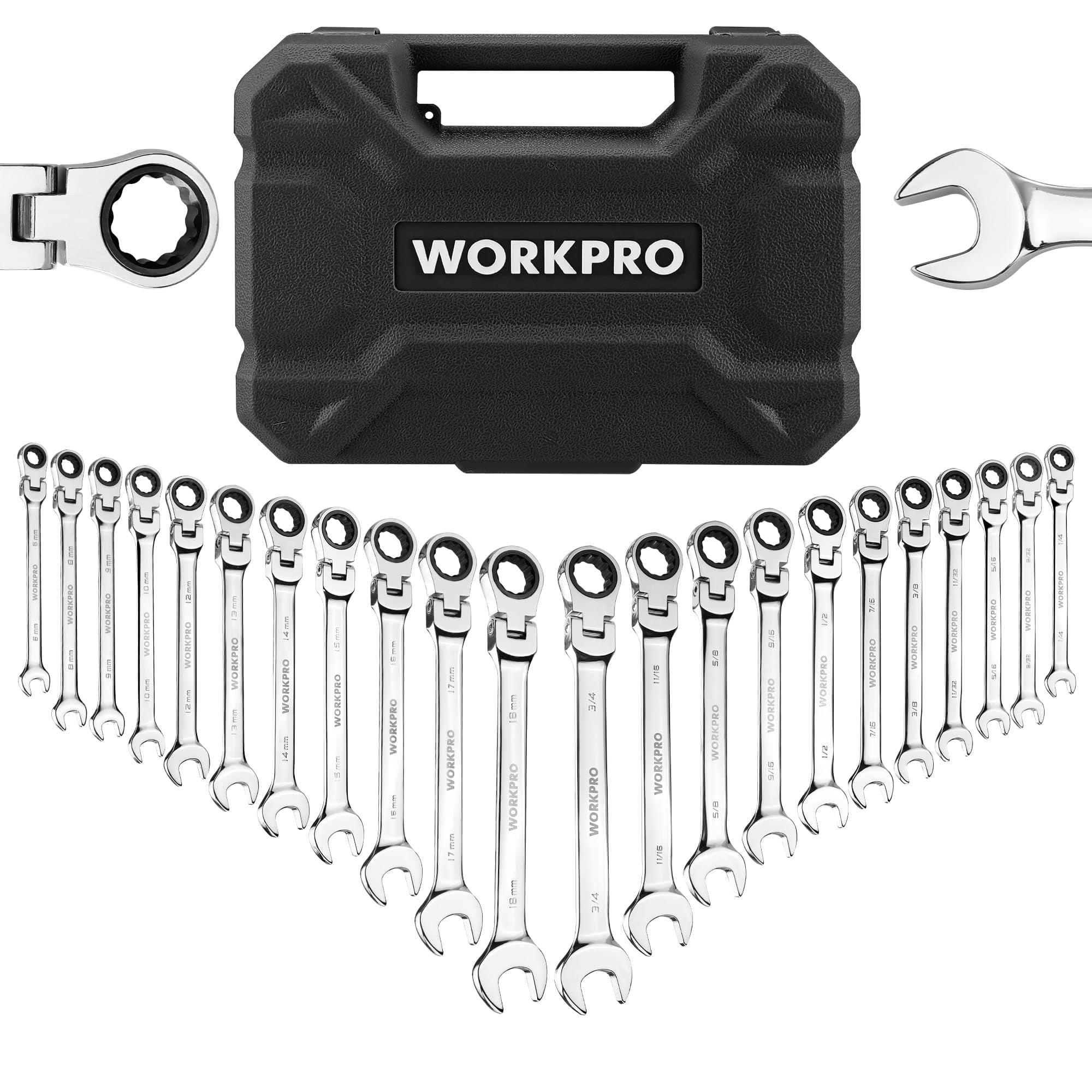 Juego De Llaves De Trinquete Workpro, 22 Piezas, Cabeza Flexible, 6-18 Mm Y 1/4-3/4