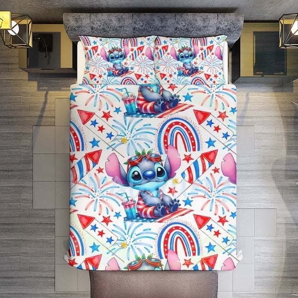 Fourth of July Stitch 3 Pieces Duvet Cover Set Full Size Super Soft Fade Resistant Microfiber
