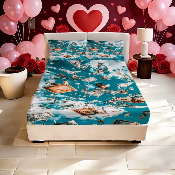 Dollars Falling Printed Fitted Sheet Set a Must-have for Family Guest Rooms with Deep Pockets to Stay Securely in Place It's the Perfect Gift for Holidays Such