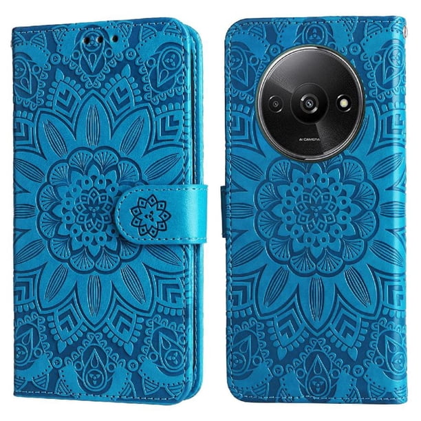 Funda tipo cartera FOXDOCK para Xiaomi Redmi A3 , diseño girasol en relieve, cuero PU, cierre magnético, soporte y tarjetero