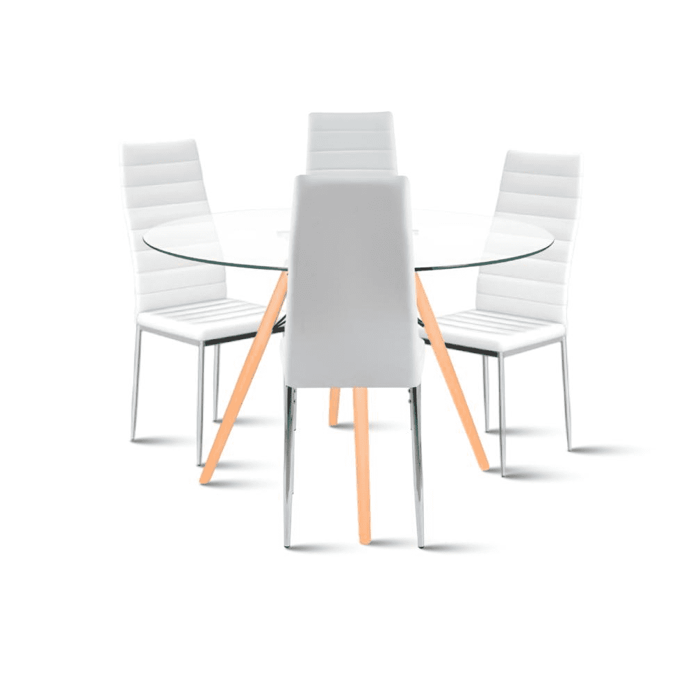 Klik Muebles - Comedor Mesa Eames 100cm Redonda Vidrio + 4 Sillas Dining Liana Acolchadas - Blancas