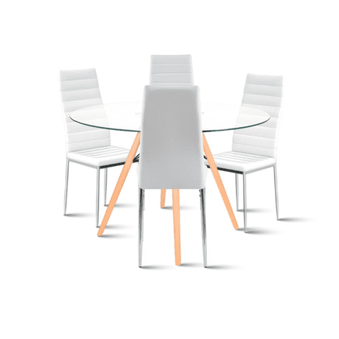 Klik Muebles - Comedor Mesa Eames 100Cm Redonda Vidrio + 4 Sillas Dining Liana Acolchadas - Blancas