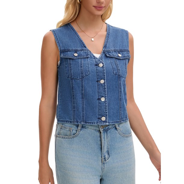 INSPIRE CHIC Chaleco Corto de Mezclilla para Mujer con Cuello en V, Estilo Occidental, Sin Mangas, con Botones, Talla L, Azul