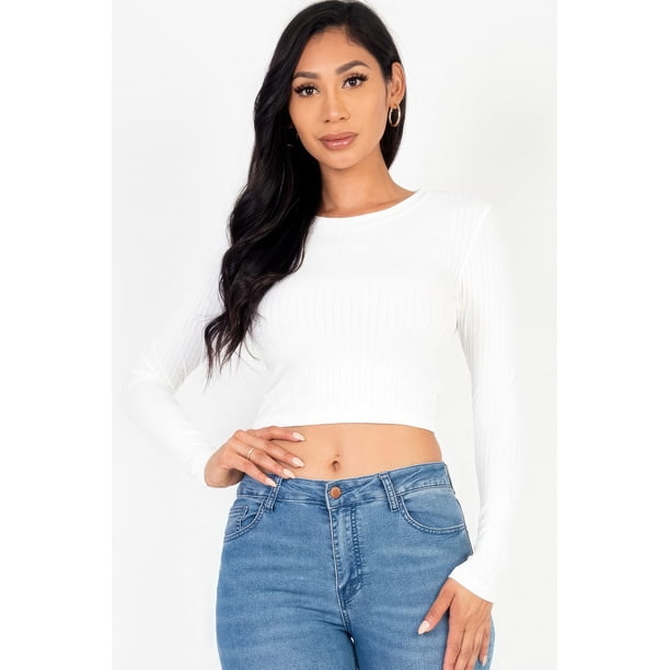 Saronite Top Corto Básico de Punto Acanalado con Cuello Redondo y Manga Larga, Blanco (para Mujer)