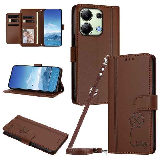 Funda Cartera Trébol para Xiaomi Redmi Note 13 4G con Ranuras Tarjetas y Carga Inalámbrica Marrón