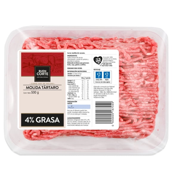 Carne Molida de Vacuno Tártara 4% grasa Bandeja, 500 gr