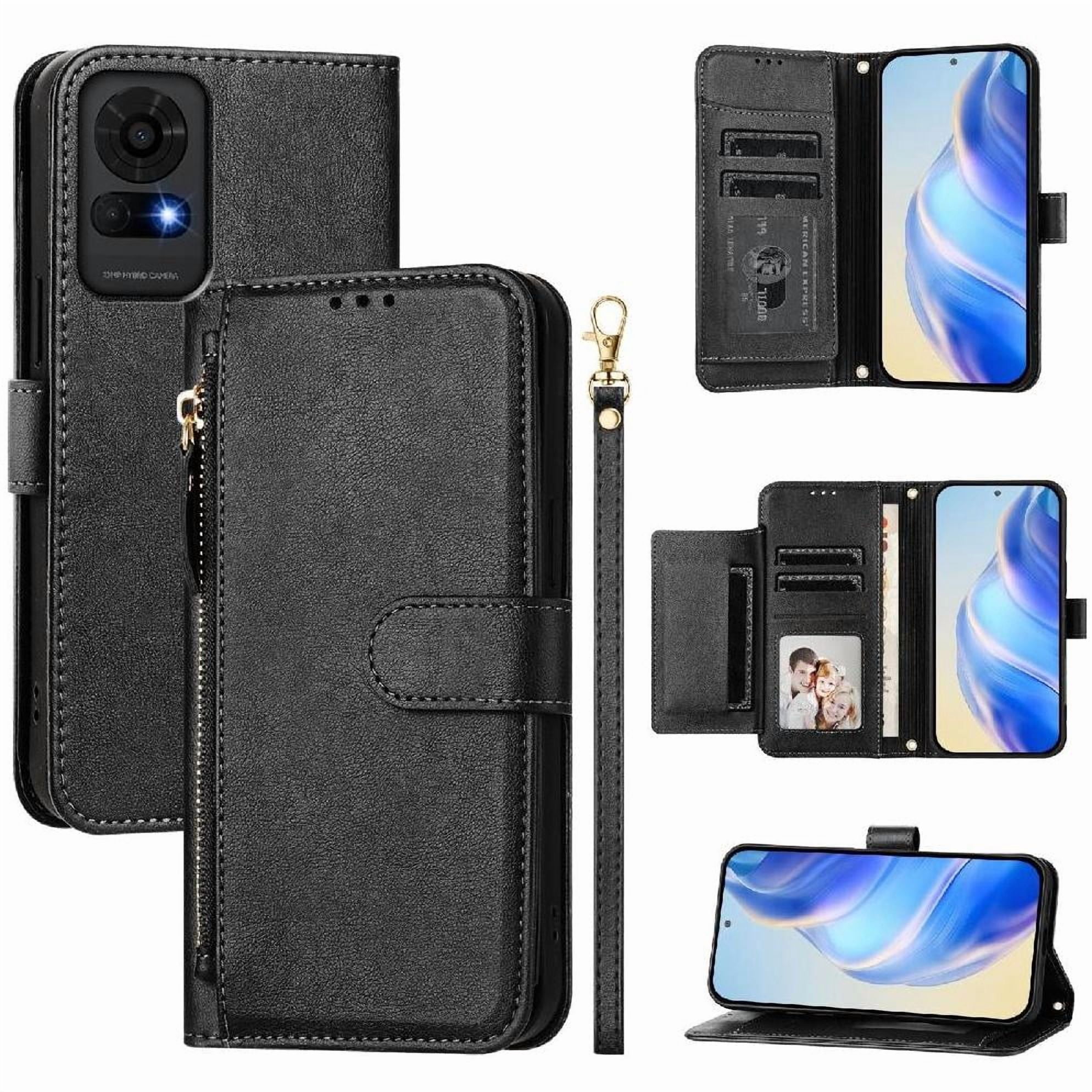 Foxdock - Funda Tipo Cartera Para Tcl 50 Le Con Bolsillo Con Cremallera, Tarjetero, Soporte, Correa Para La Muñeca Y Tapa De Cuero Negro