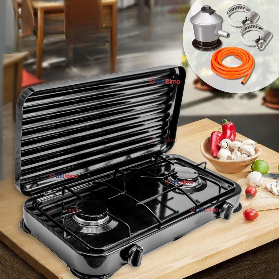 Line - Cocina Encimera A Gas Licuado 2 Platos+kit De Instalación Cocinilla Negro
