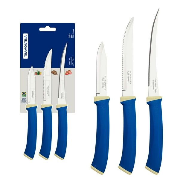 Juego de Cuchillos Tramontina Felice con Láminas de Acero Inoxidable y Mangos de Polipropileno Azul 03 Piezas