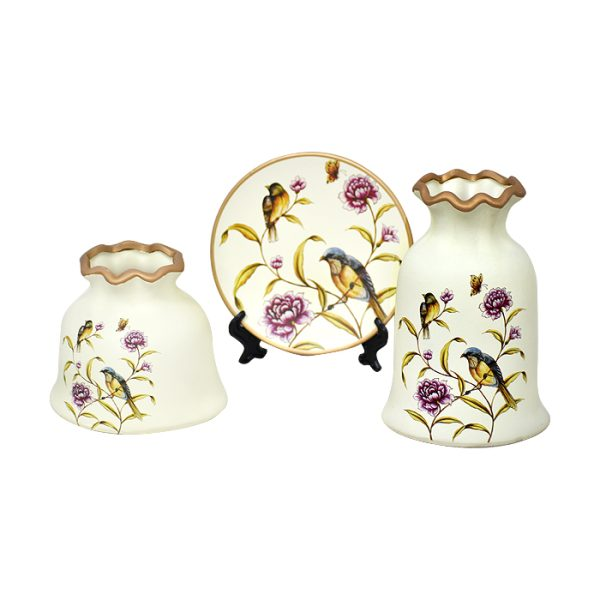 Muebles Santa Ana - Floreros Y Plato Decorativo Blanco Pajarito