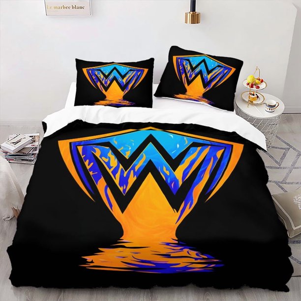 W Logo Printed Wrestling Bedding - Modern Wrestling Theme Duvet Cover And Pillowcases for Room Decor Zippered Bedding Machine Washable Sheets (Duvet Insert Not