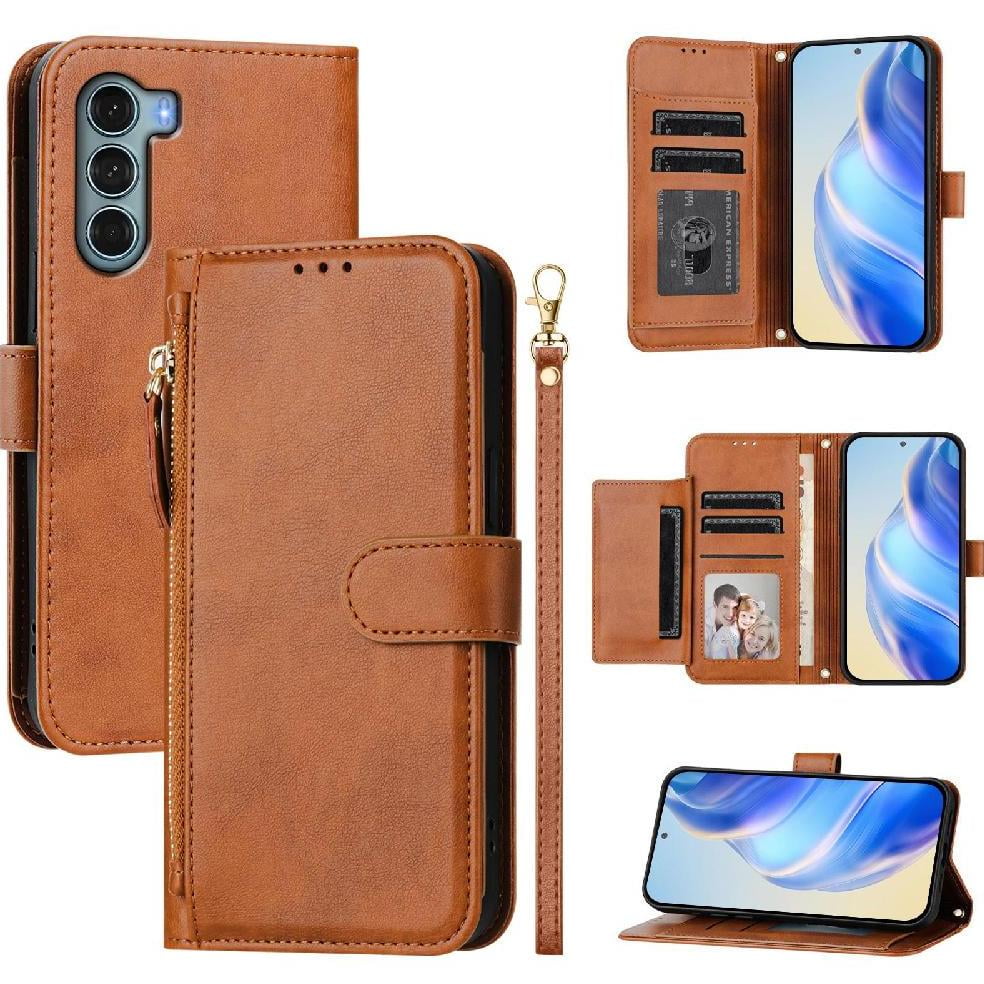 Foxdock - Funda Para Motorola Moto G200 5g Con Cremallera Tipo Cartera, Tarjetero, Marco De Fotos, Soporte Y Cordón, De Piel Sintética. Marrón