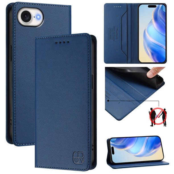 Funda Billetera con Soporte para iPhone 17e/iPhone 16e Bloqueo RFID Plegable Azul