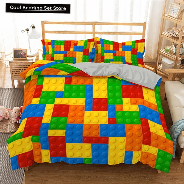 x2052 Bed SheetsColorful Toy Duvet Cover Building Block Pattern Bedding Set Fun Brick Quilt Cover Gradient Rainbow Comforter Cover 3-Piece Bedding Set (1 Duvet Cover + 2 Pillow Shams) nj2052
