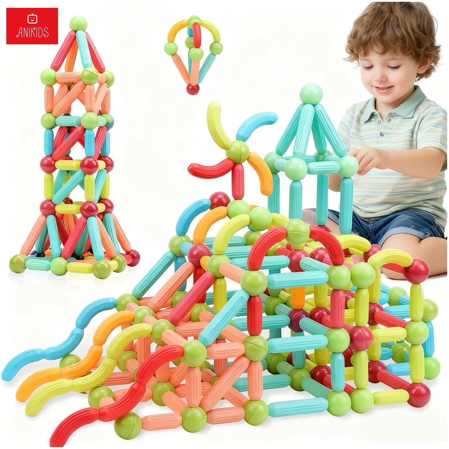 Anikids - Bloques Magnéticos Palos Bolas 88 Piezas Juguete Armable Niños