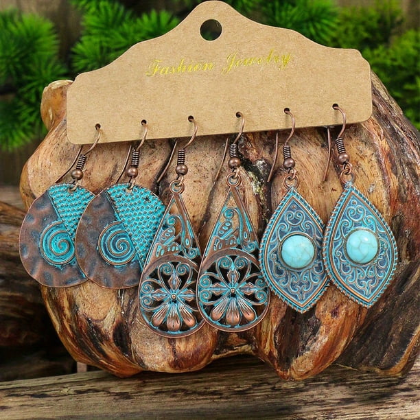 3pairs Vintage Geometric Earrings - Ancient Copper with Matchy Blue Design - Simple and Stylish Fashion Accessory