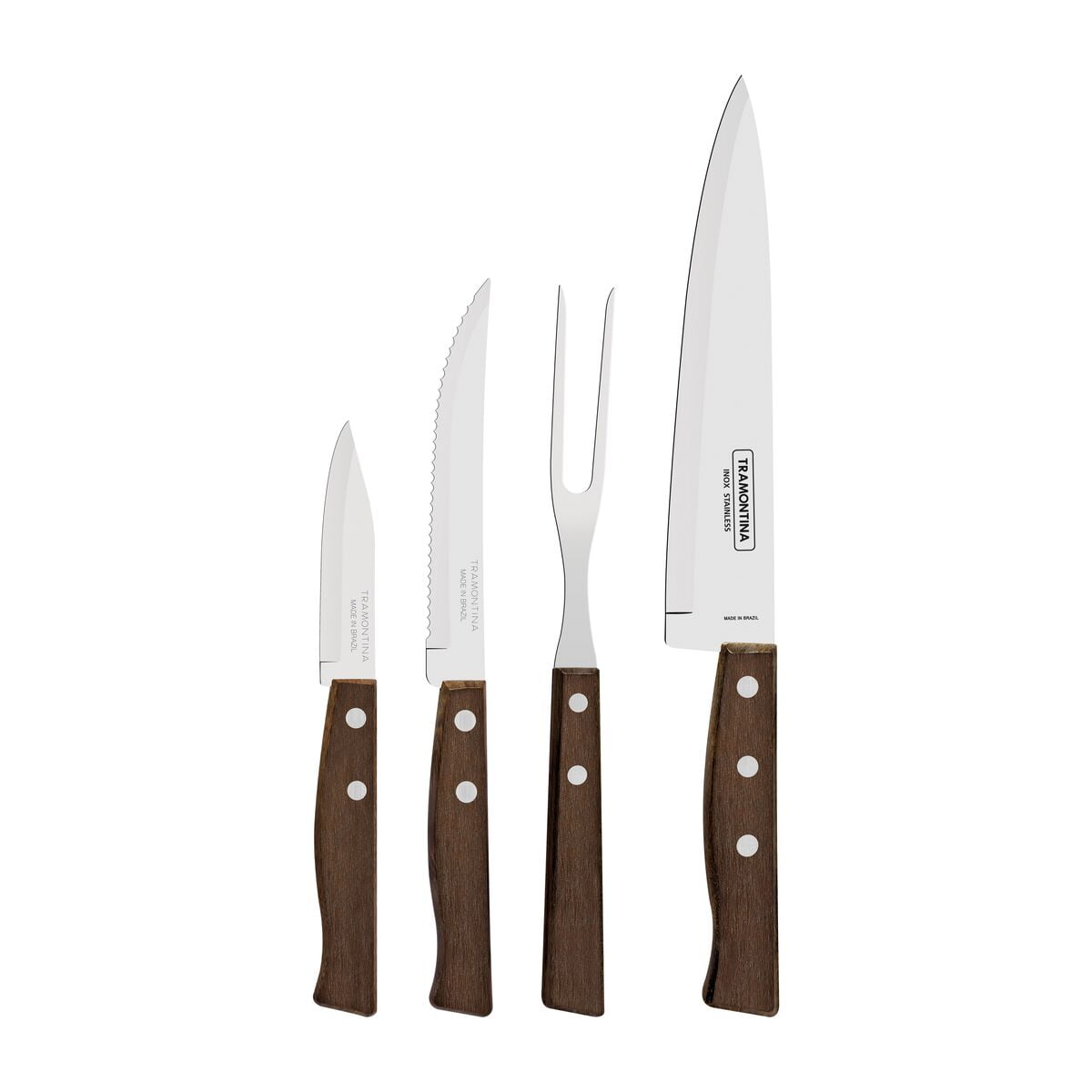 Juego De Cuchillos Tramontina Tradicional Con Láminas En Acero Inoxidable Y Mangos En Madera Natural 04 Piezas
