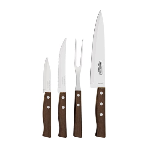 Juego De Cuchillos Tramontina Tradicional Con Láminas En Acero Inoxidable Y Mangos En Madera Natural 04 Piezas