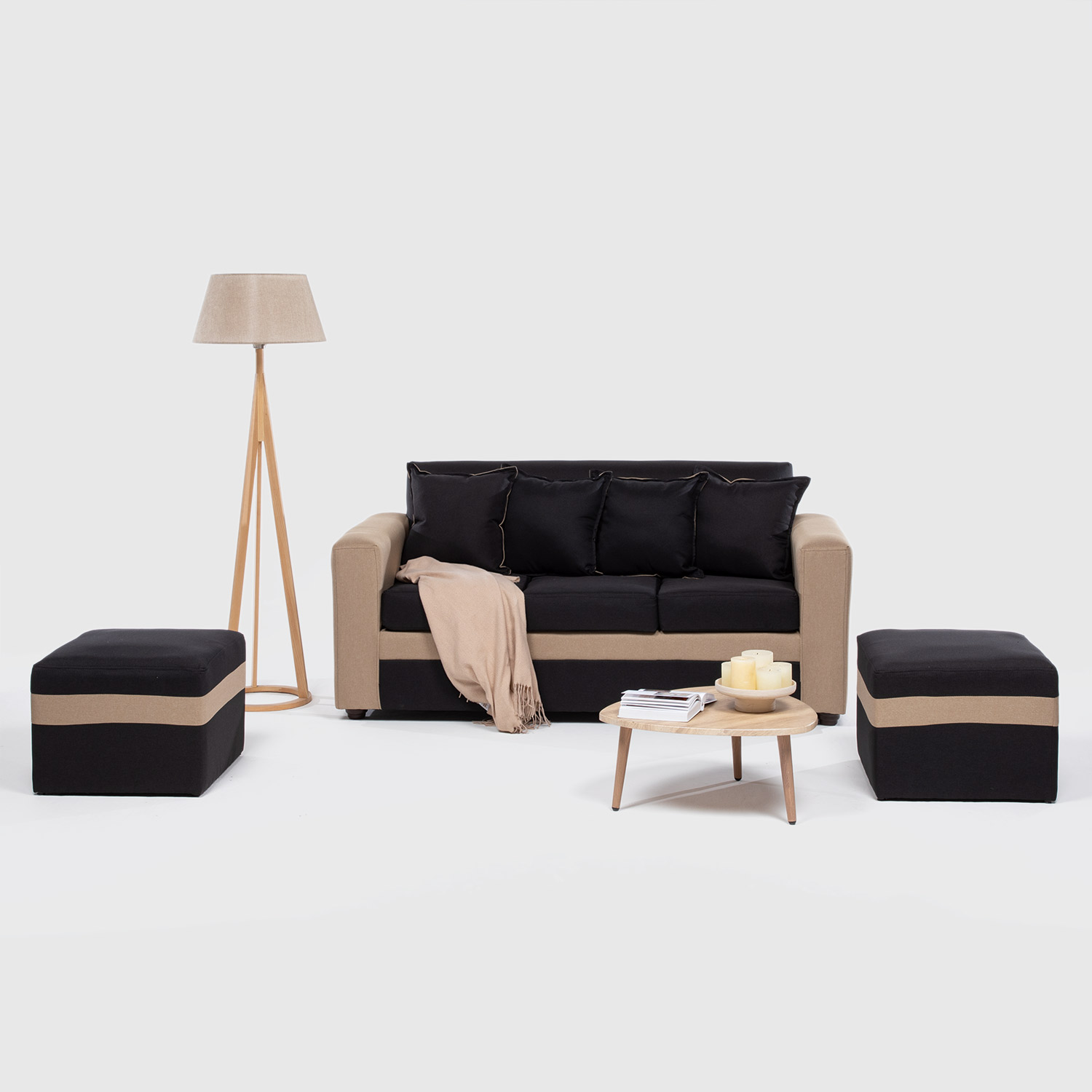 Almore - Sofa Paris 2 Pouf Beige Negro