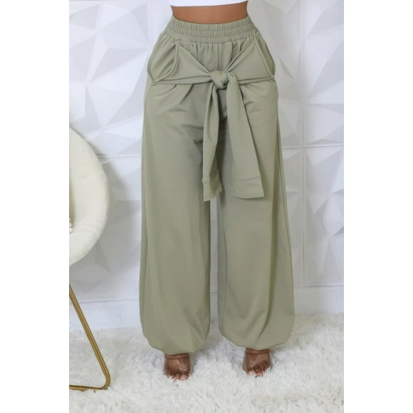 Saronite Pantalones Largos con Cintura Elástica Alta, Bolsillos Laterales y un Solo Color Oliva (para Mujer)