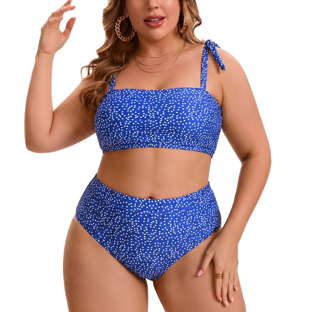 Agnes Orinda Conjunto de Bikini de Dos Piezas para Mujer de Talla Grande para Escuela o Universidad, con Cintura Alta, Control de Abdomen, Push Up, para Vacaciones en la Playa, Talla 1X, Azul Marino
